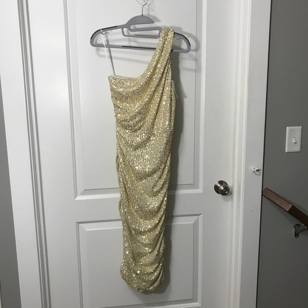Love By Design Glittering Gold One-Shoulder Dress
